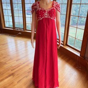 * Red Chiffon Silver Empire Waist Prom Wedding Gown Bridal Dress Formal Size 18